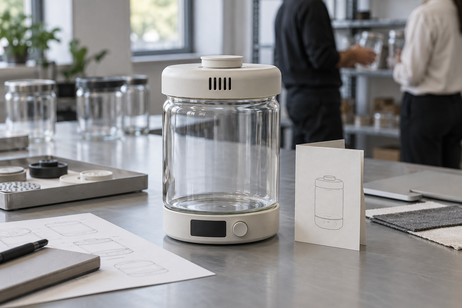 Illustrative an unbranded smart fermentation jar with vented lid, display module and printed care card prepared for a B2B sample review