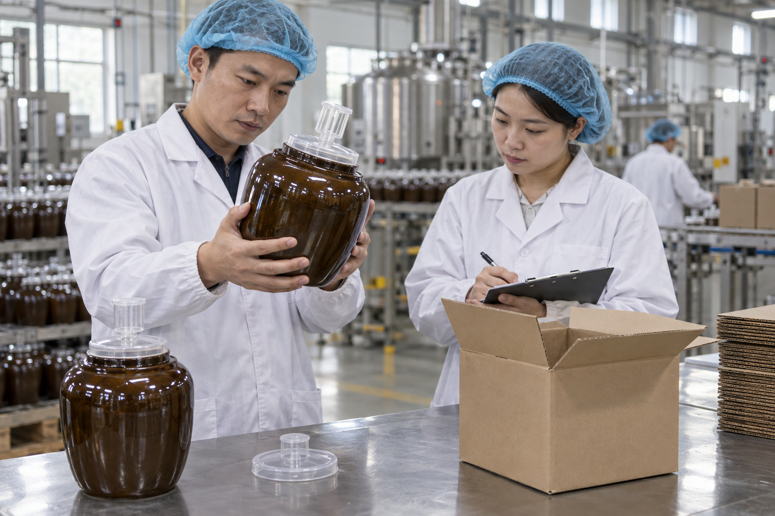 Asian quality staff reviewing an unbranded smart fermentation jar sample, carton and approval checklist