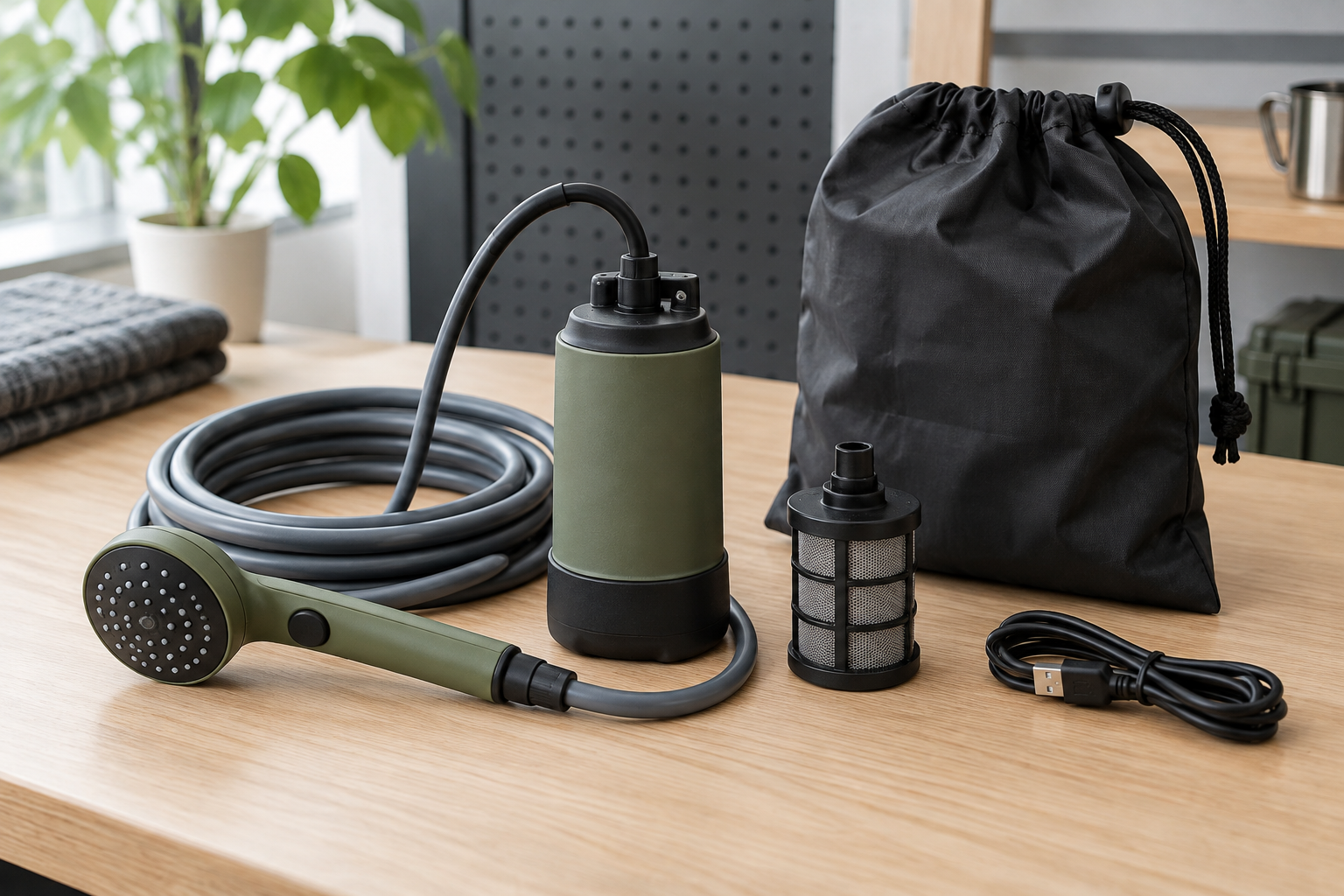 Illustrative an unbranded portable camp shower pump kit with hose, shower head, filter and storage pouch prepared for a B2B sample review