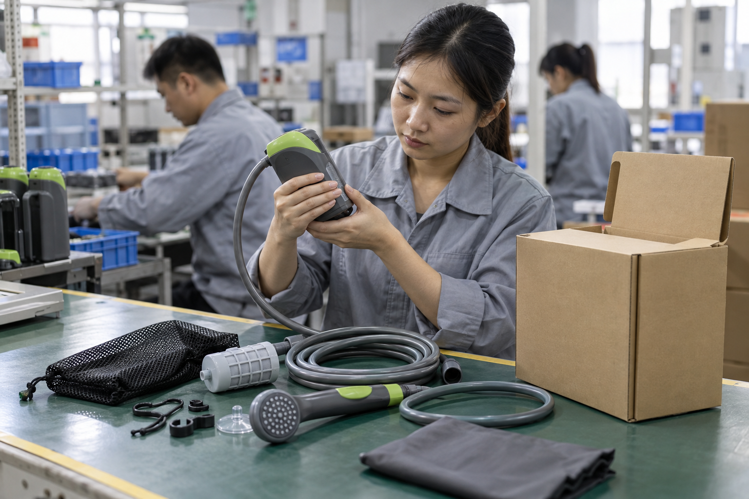 Asian quality staff reviewing an unbranded portable camp shower pump sample, carton and approval checklist