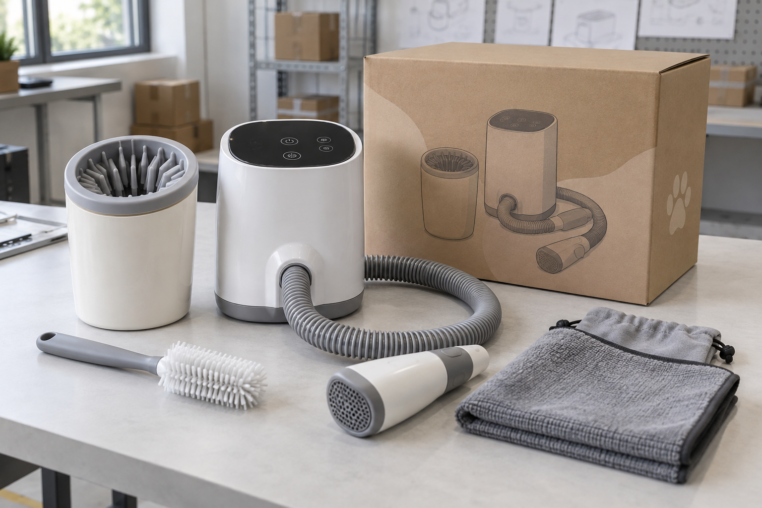 Illustrative an unbranded pet paw washer-dryer set with soft cup insert, cleaning brush and retail carton prepared for a B2B sample review