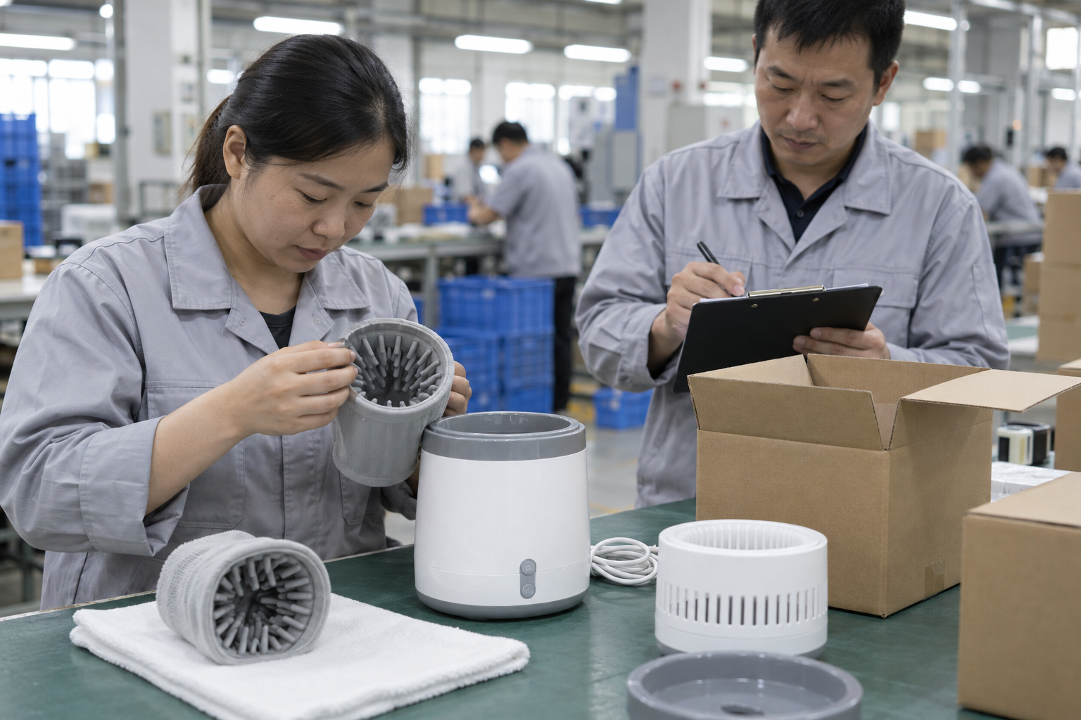 Asian quality staff reviewing an unbranded pet paw washer dryer sample, carton and approval checklist