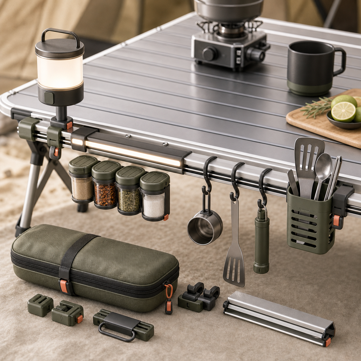 Modular outdoor camp table light and utensil rail