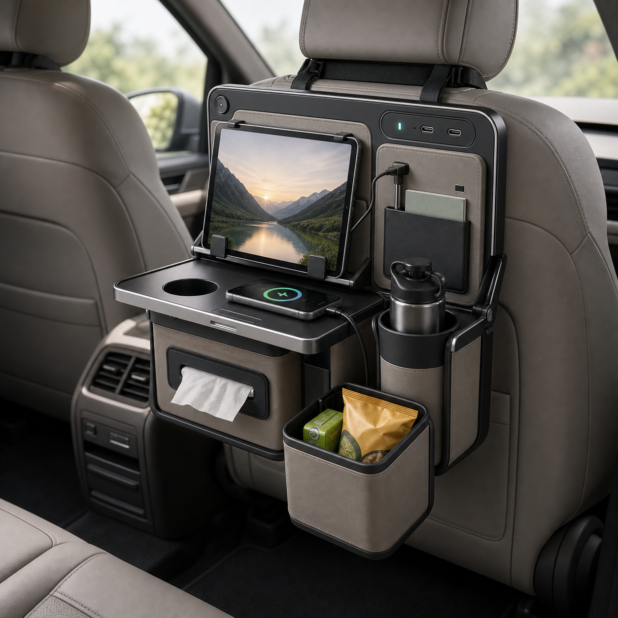 Car backseat organizer charging panel