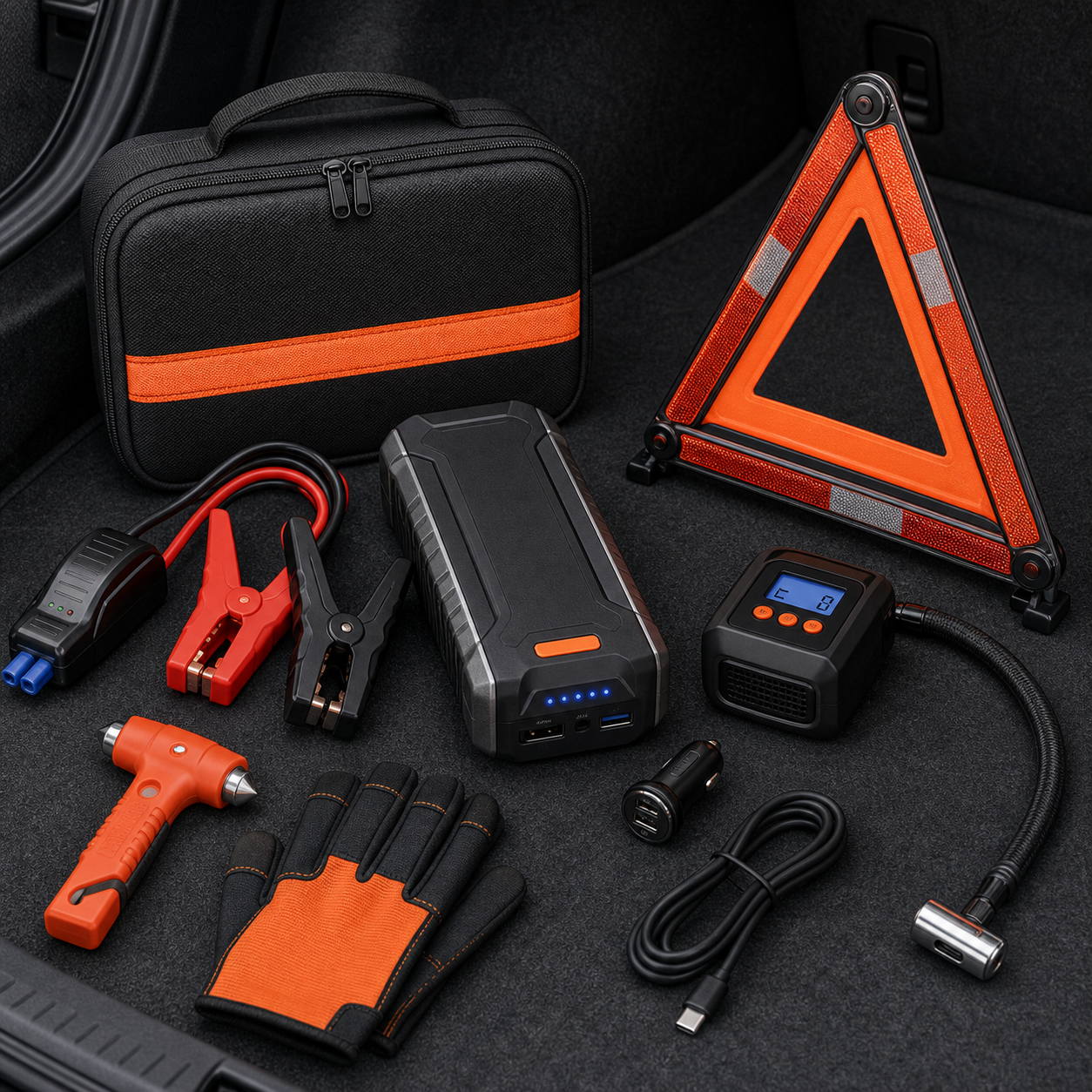 Unbranded car emergency kit samples prepared for a wholesale buyer review