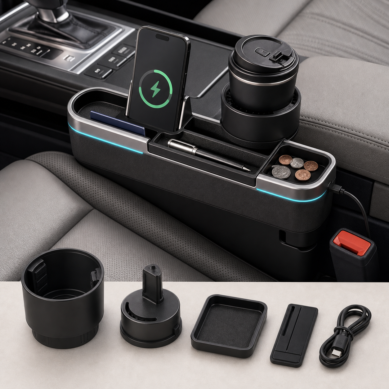 Smart car seat gap organizer with wireless charger
