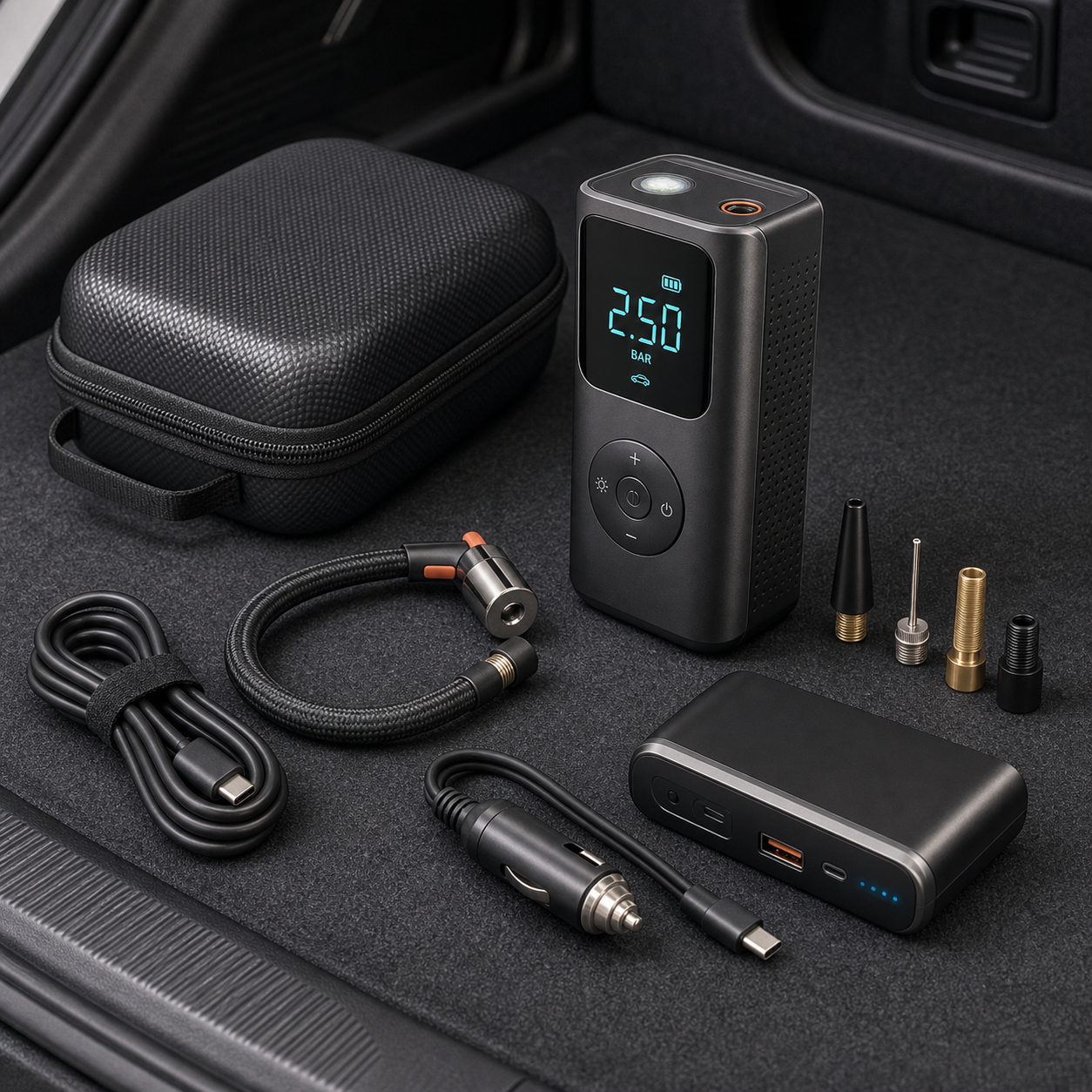 Compact cordless car tire inflator and pressure kit