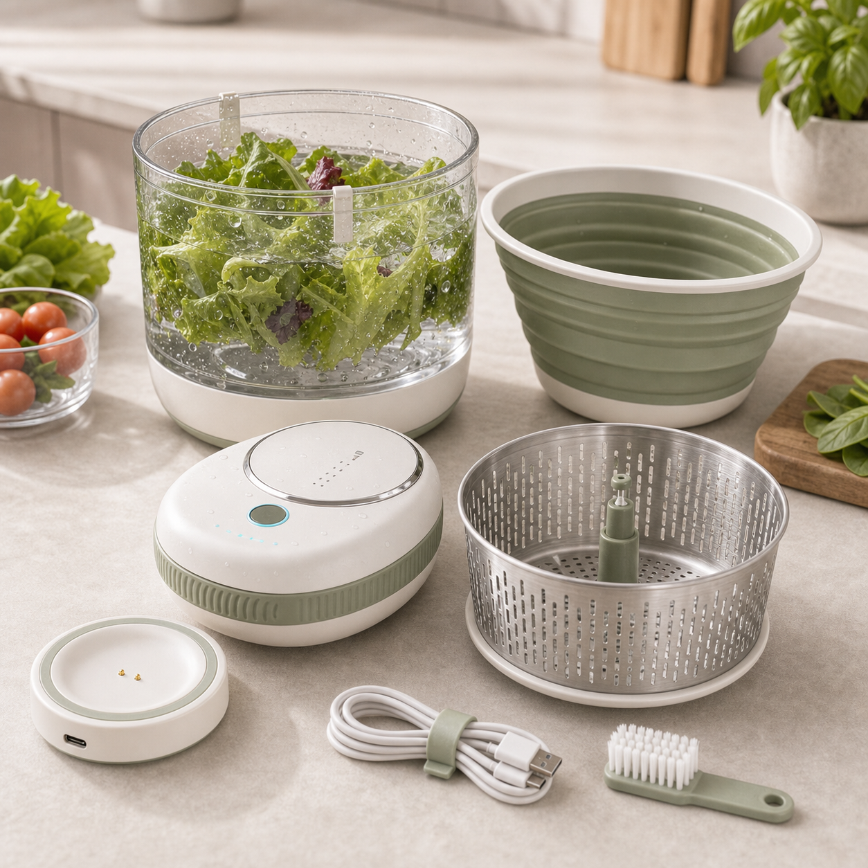 Electric salad spinner and produce washer bowl