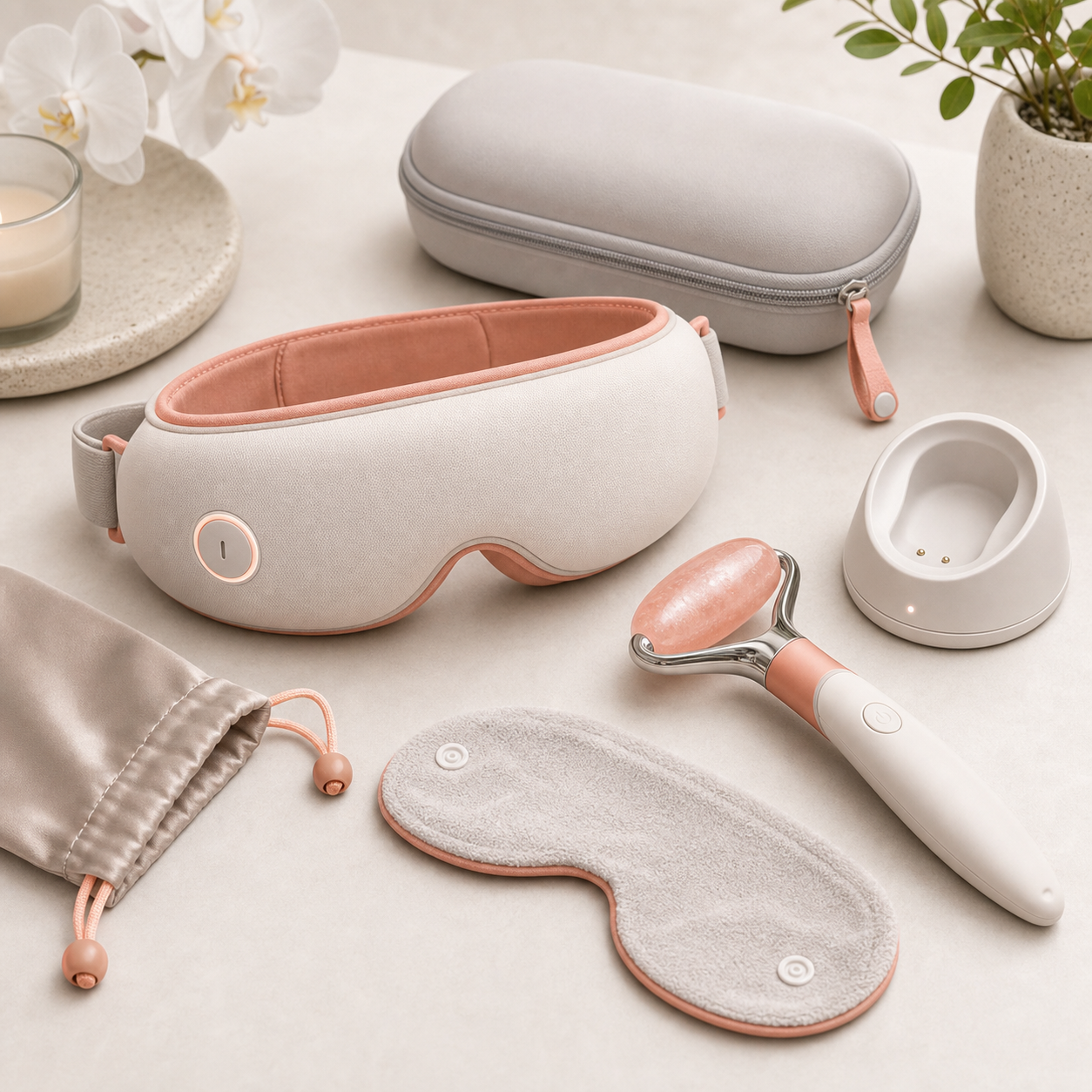 Heated eye mask and cooling face roller set