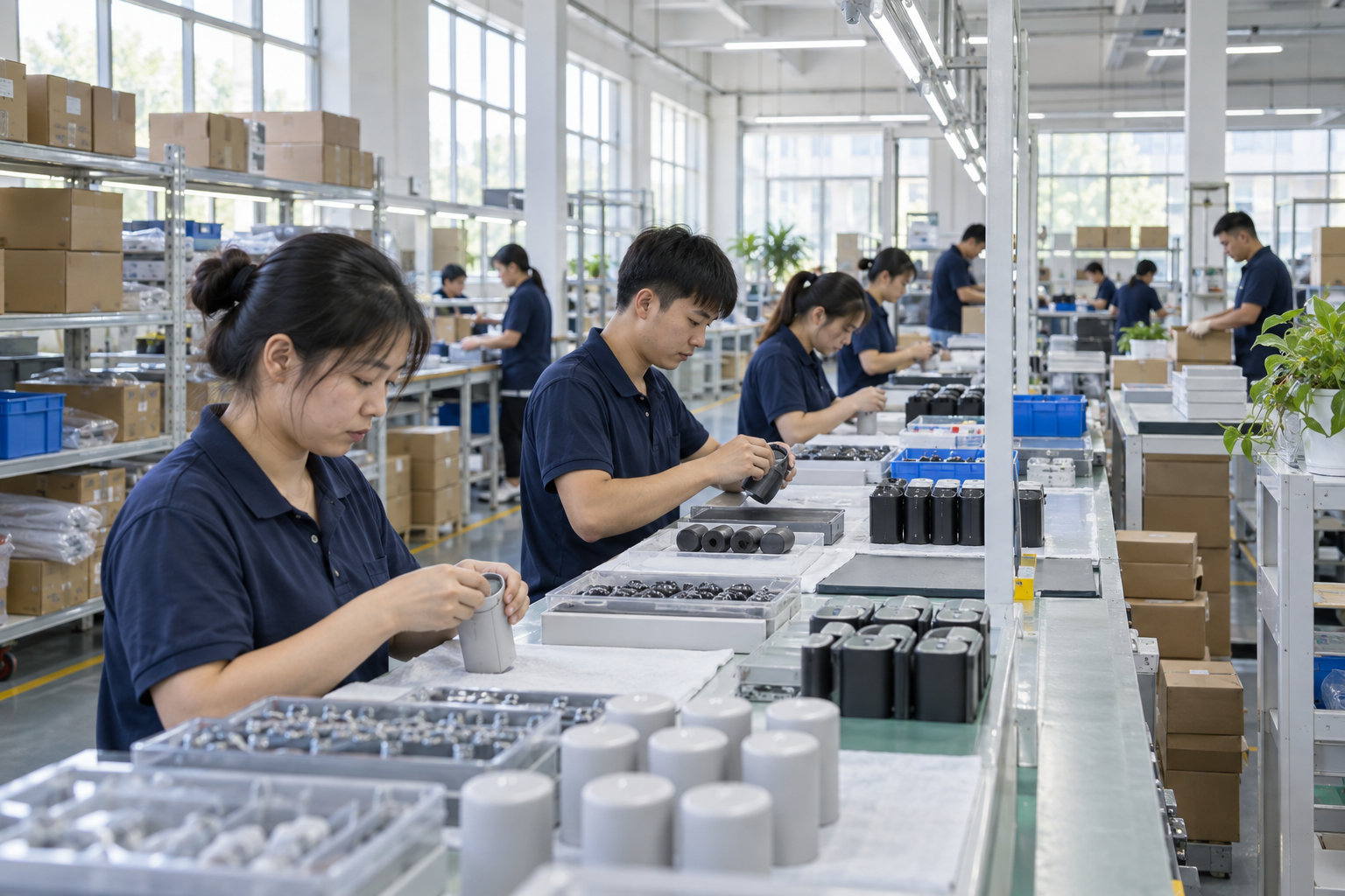 Asian assembly team producing unbranded consumer accessories in a bright factory workshop