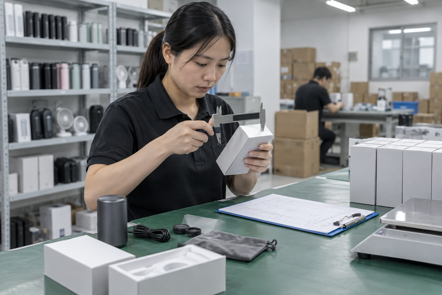 Asian quality inspector measuring a product package during factory inspection