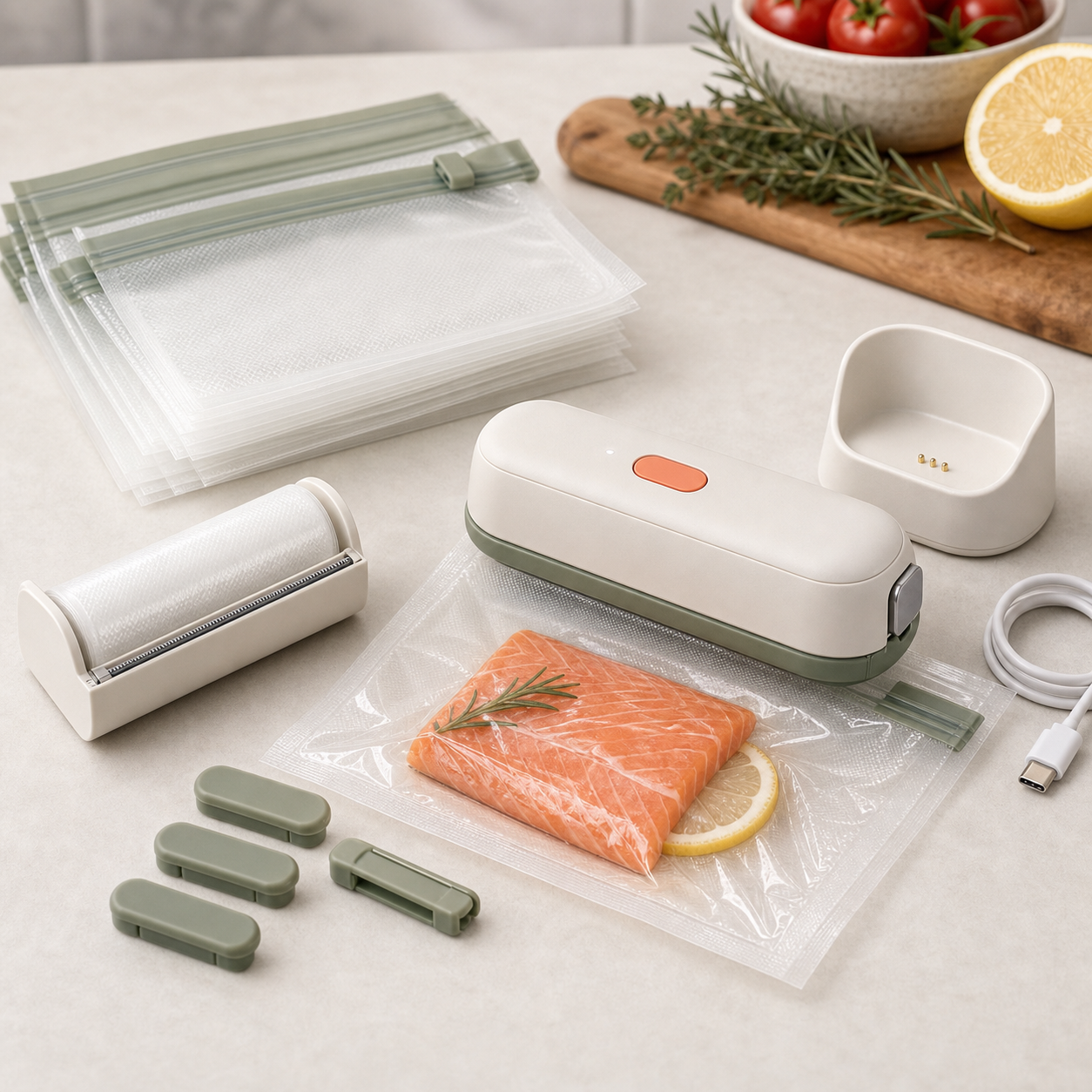 Related retail accessories arranged for electric produce washer packaging and quality review