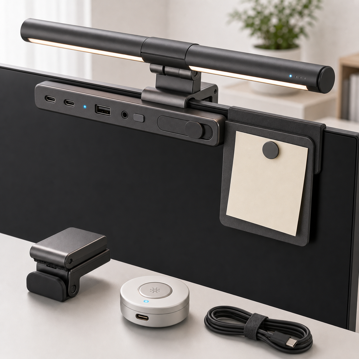 Monitor-mounted video light and privacy hub