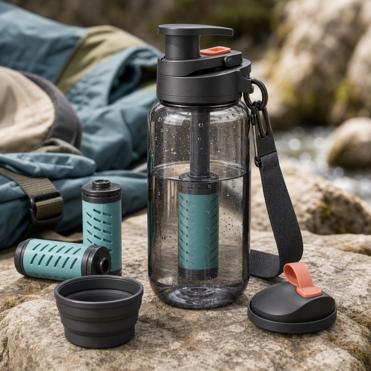 Portable outdoor water filter bottle